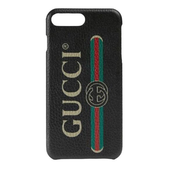 GUCCI Printed Logo Leather iPhone 8 Plus Case Black w/ Gift